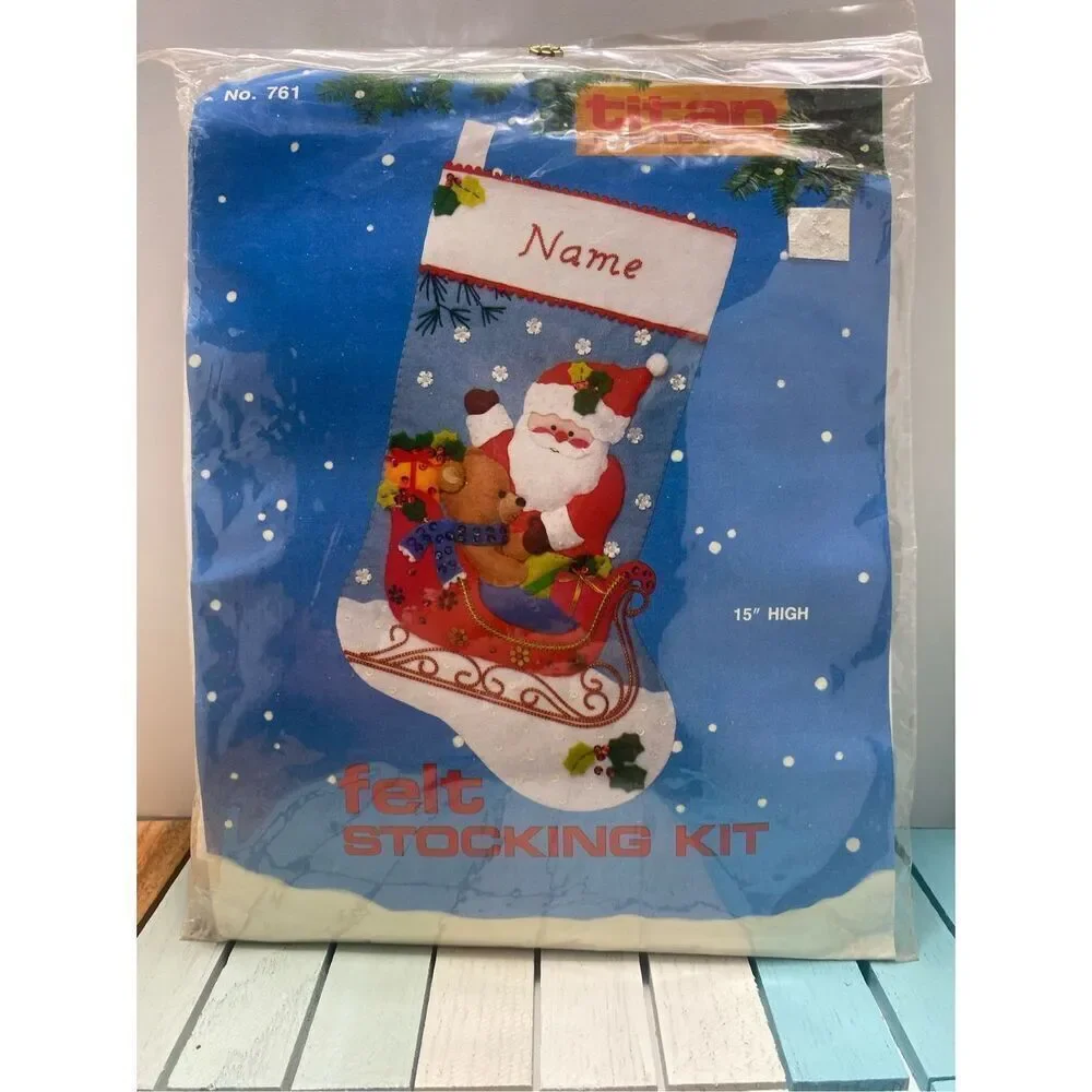 Titan Needlecraft Felt Christmas Stocking Kit #761 Santa Sleigh Teddy Bear 15” N